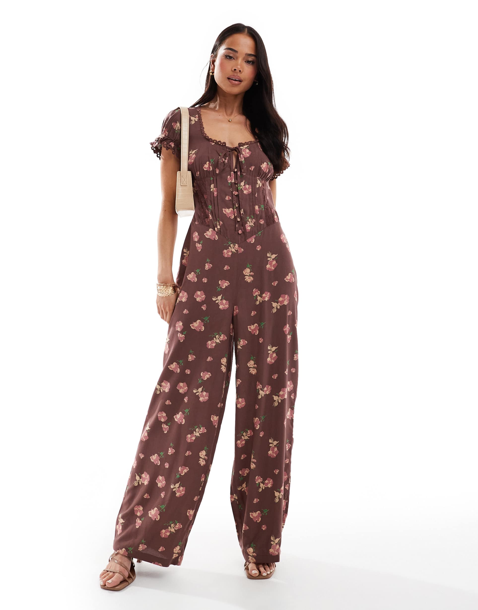 asos design spun lace trim corset waist jumpsuit in mauve floral print