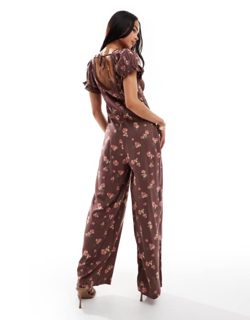 ASOS DESIGN spun lace trim corset waist jumpsuit in mauve floral print