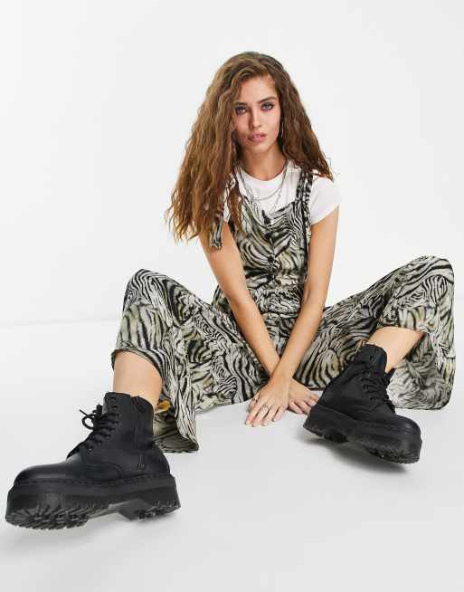 ASOS DESIGN spun tie shoulder button front dungarees in animal print