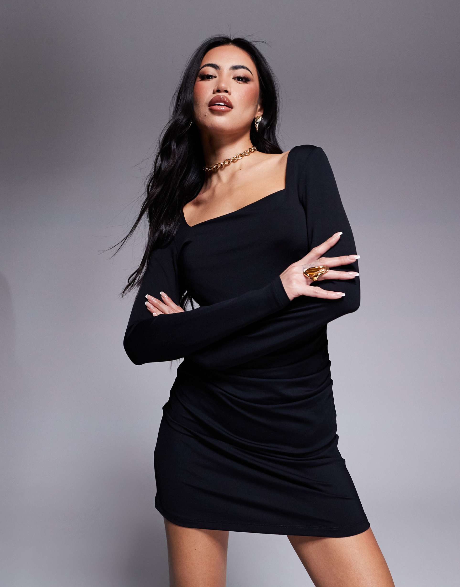 asos design sqaure neck mini dress with gathers in black