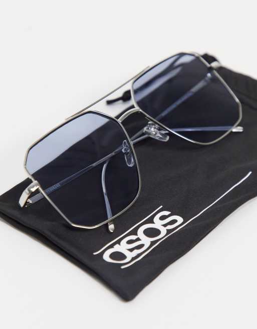 ASOS DESIGN square angular metal aviator sunglasses in black