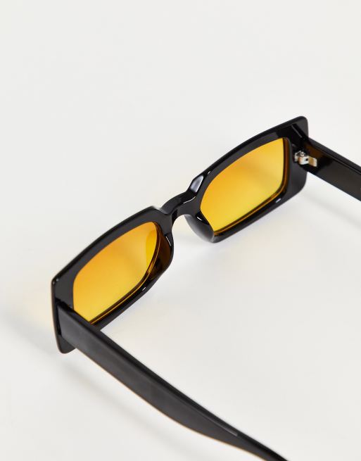 ASOS DESIGN square bevel fashion glasses in black with orange lens, 3 of 4