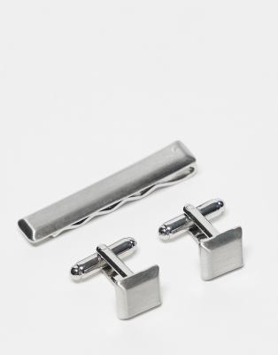 ASOS DESIGN ASOS DESIGN square brushed cufflinks and tie bar in silver tone