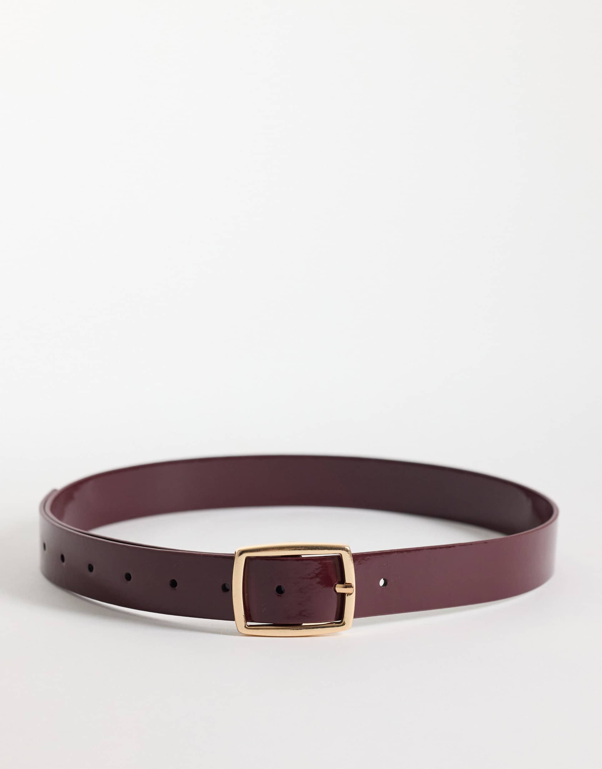 asos design square buckle belt in patent burgundy