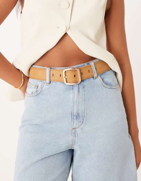 ASOS DESIGN square buckle in jeans in light tan - view 1