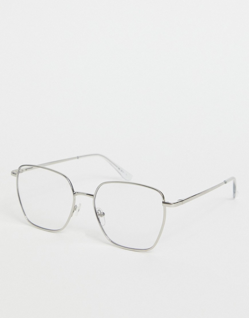 ASOS DESIGN square cat eye metal clear lens glasses in silver