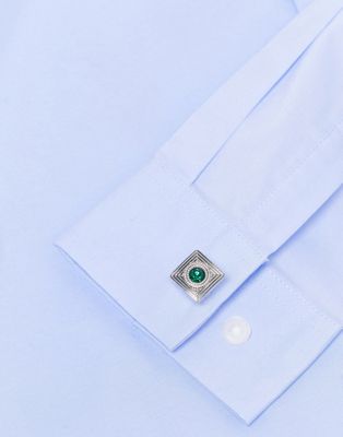ASOS DESIGN wedding square cufflinks with engraving and green crystal detail in silver tone
