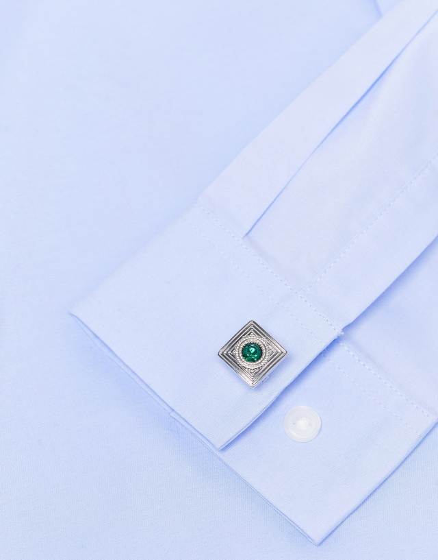 ASOS DESIGN square cufflinks with engraving and green crystal detail in silver tone