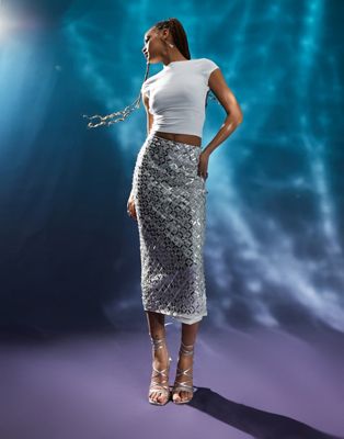 ASOS DESIGN square disc embellishment midi skirt in silver