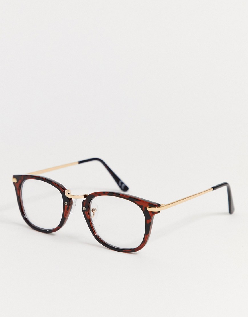 ASOS DESIGN square glasses in tort with gold detail and clear lenses-Brown