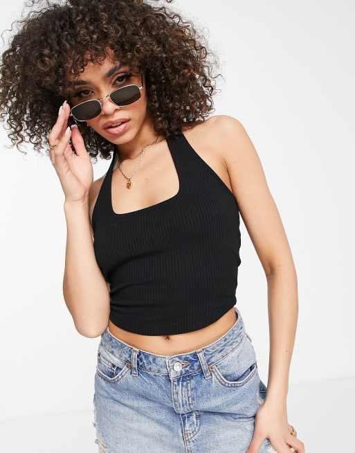 ASOS DESIGN square halter neck crop top in black