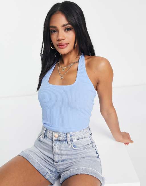 ASOS DESIGN square halter neck crop top in blue