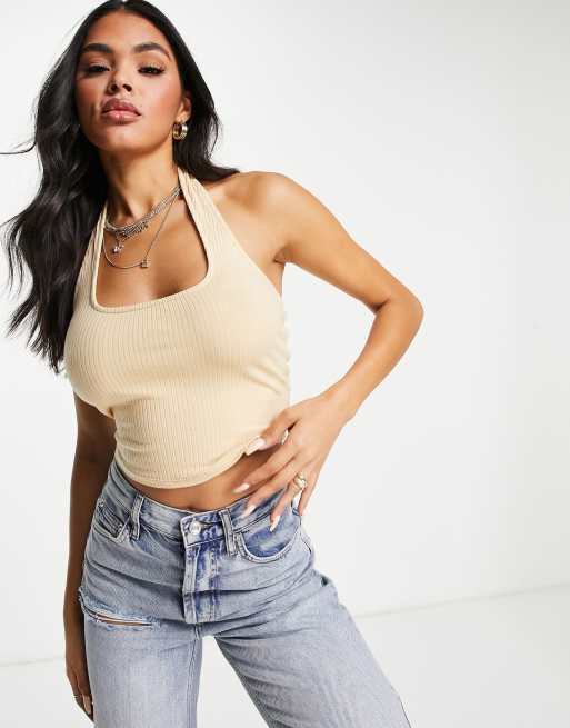 ASOS DESIGN cross over halter ribbed crop top in white