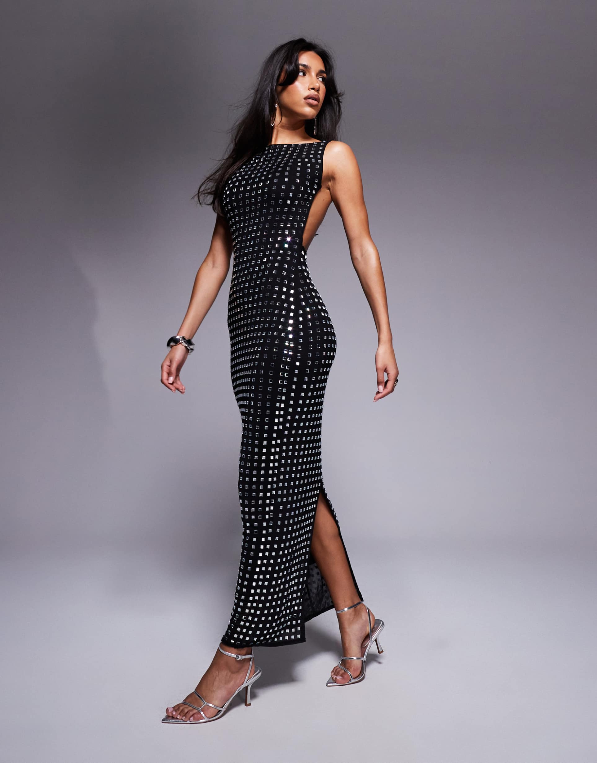 asos design square hotfix high neck minimal maxi dress with low back in black