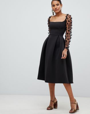 asos design square neck 3d floral lace midi prom dress