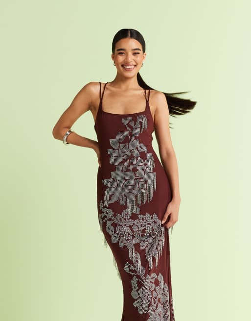 ASOS DESIGN square neck artwork floral hotfix maxi dress with fringe embellishment in chocolate