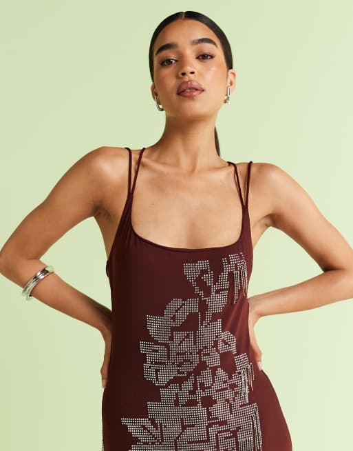 ASOS DESIGN square neck artwork floral hotfix maxi dress with fringe embellishment in chocolate, 3 of 4