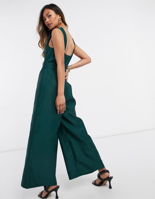 ASOS DESIGN square neck belted culotte jumpsuit in dark green