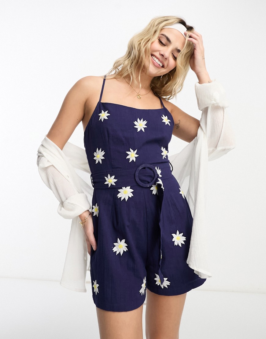 ASOS DESIGN square neck belted playsuit with daisy embroidery in navy