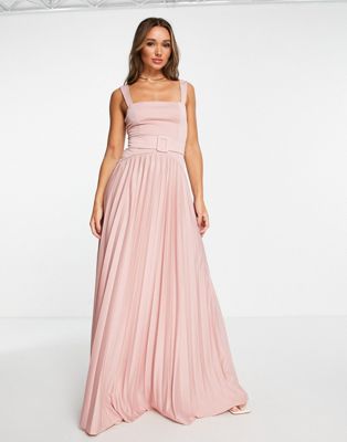 ASOS DESIGN square neck belted pleated maxi dress in rose - PINK