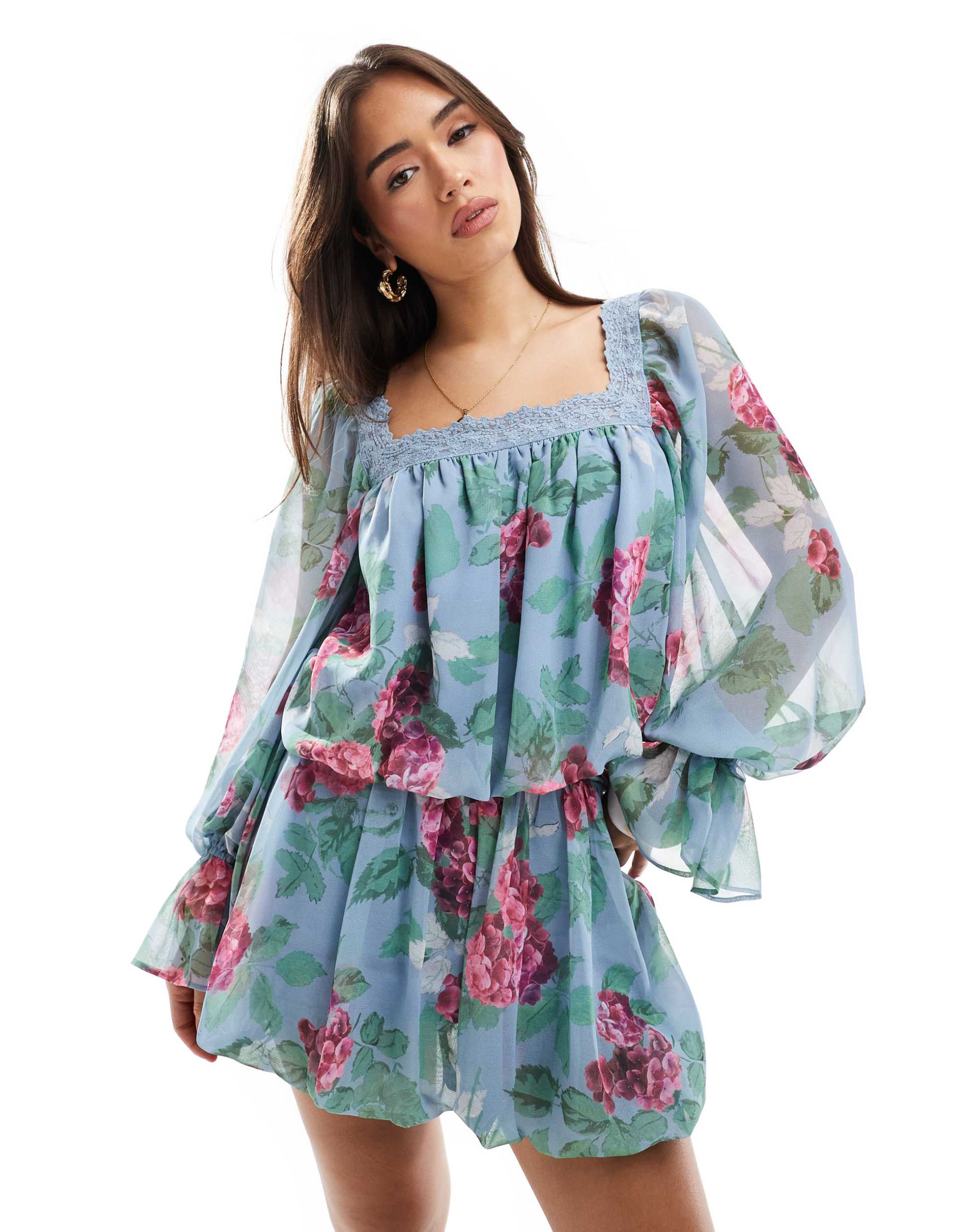asos design square neck blouse with lace trim in floral