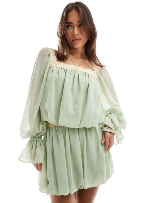 ASOS DESIGN square neck blouse with lace trim in sage (part of a set)