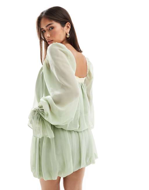 ASOS DESIGN square neck blouse with lace trim in sage (part of a set)