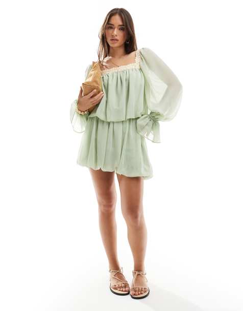 ASOS DESIGN square neck blouse with lace trim in sage - view 1