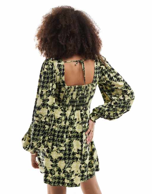 ASOS DESIGN square neck blouson sleeve mini dress in green and yellow floral print