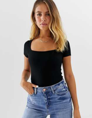 Black Basic Short Sleeve Square Neck Bodysuit