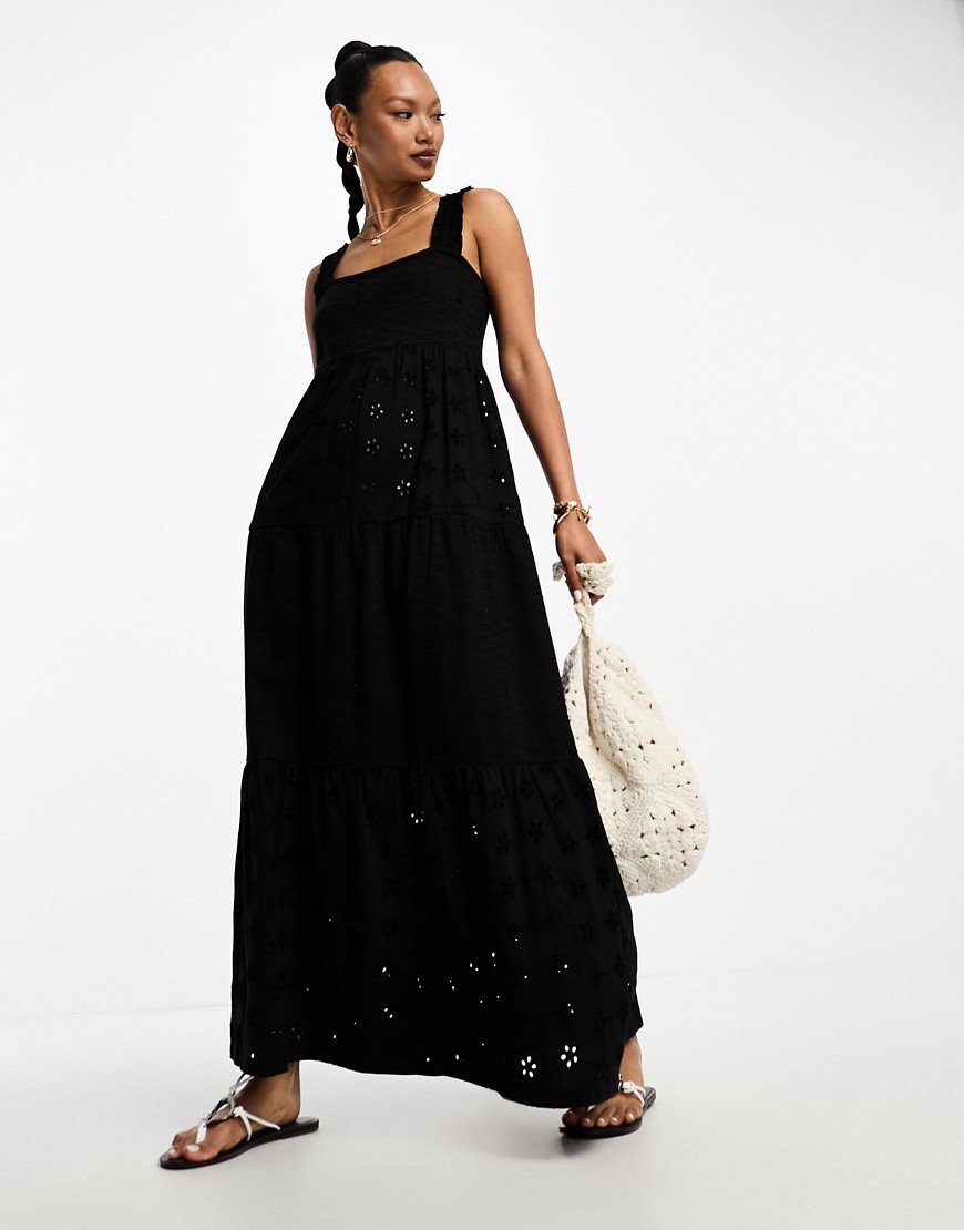 ASOS DESIGN square neck broderie tiered maxi dress in black