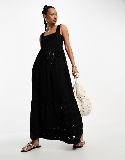 Asos Design Square Neck Broderie Tiered Maxi Dress In Black Asos 