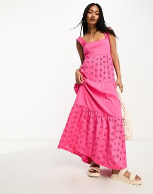 ASOS DESIGN square neck broderie tiered maxi dress in hot pink
