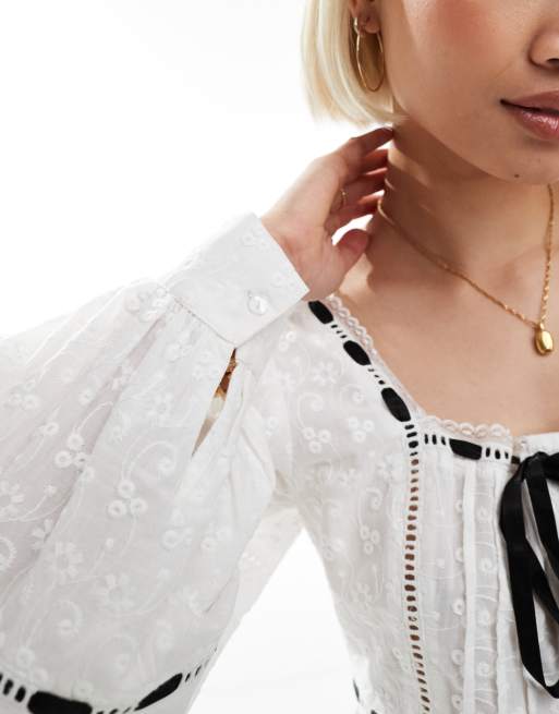 ASOS DESIGN square neck broderie top with ribbon insert in white