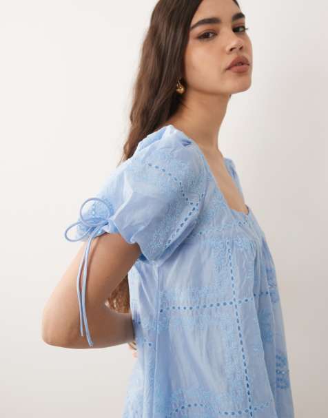 ASOS DESIGN square neck bubble mini dress with embroidery detail in baby blue - view 1