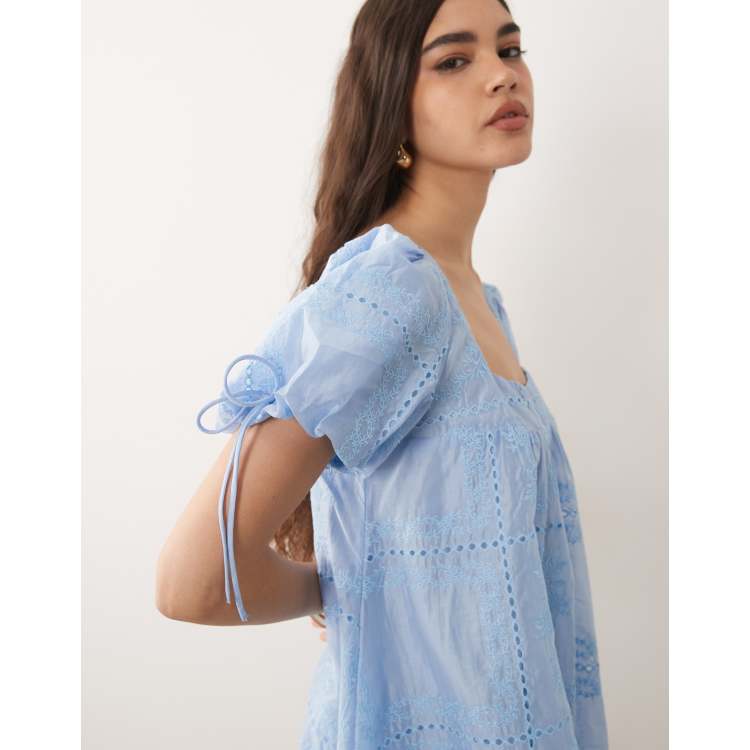 ASOS DESIGN square neck bubble mini dress with embroidery detail