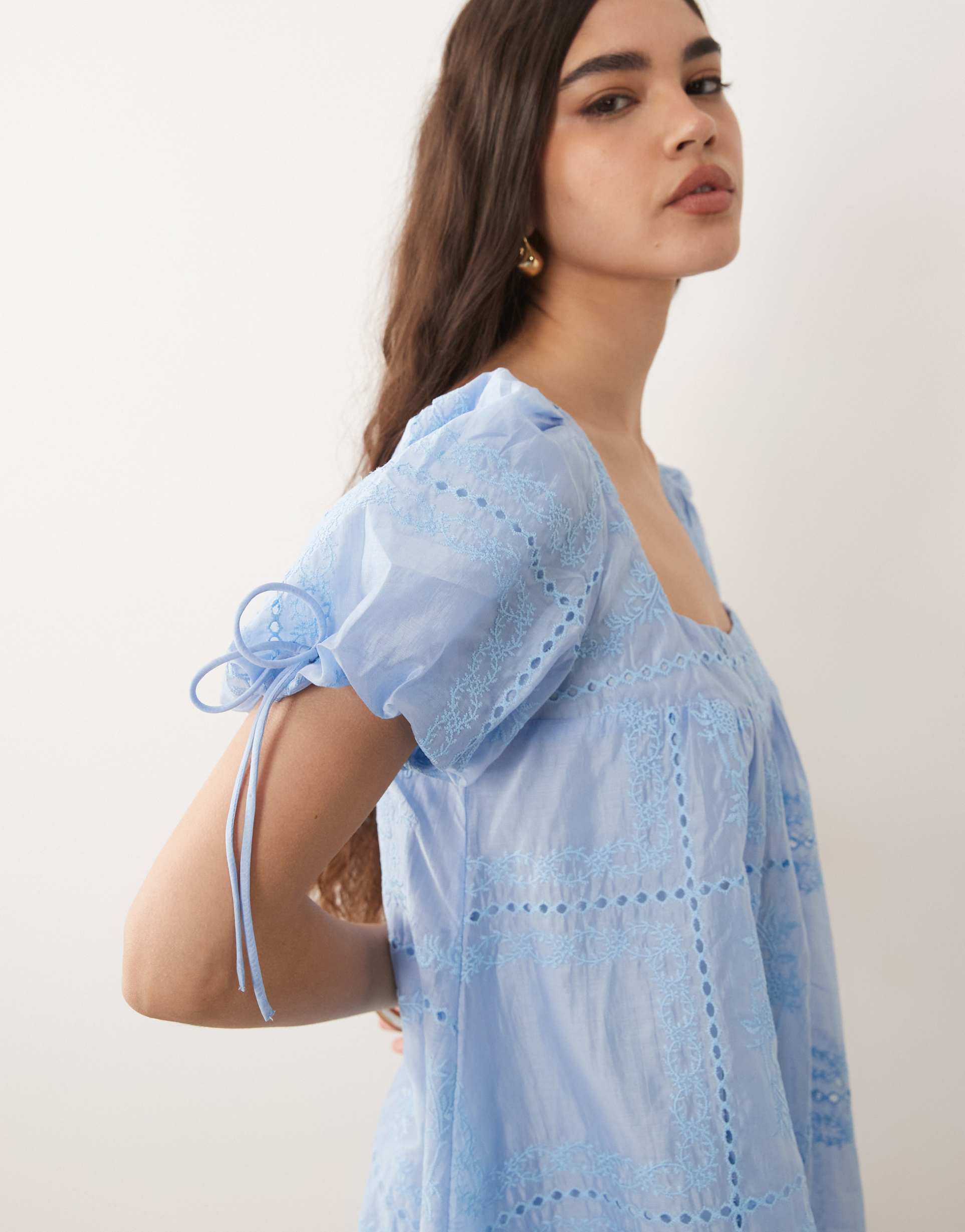 asos design square neck bubble mini dress with embroidery detail in baby blue