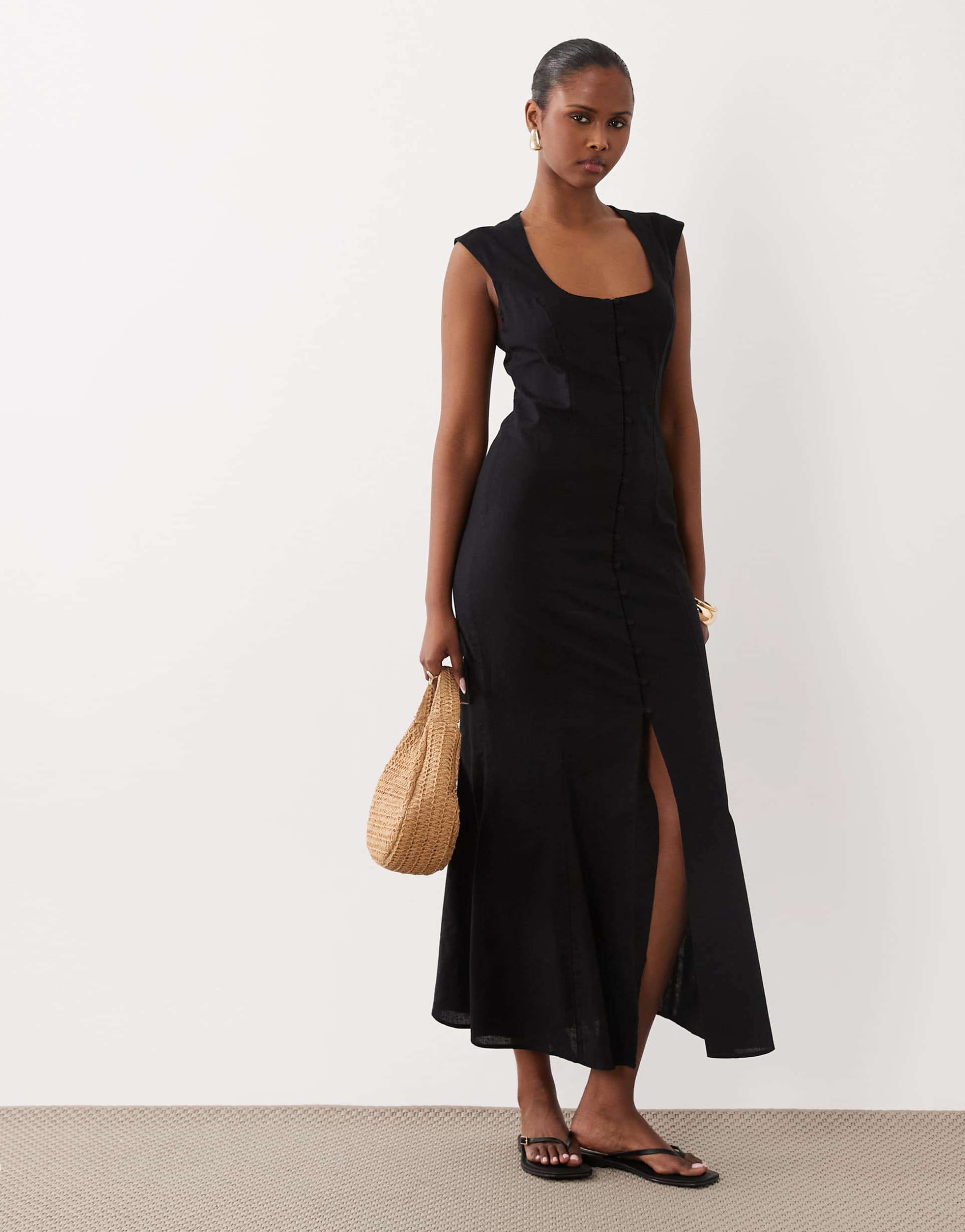 asos design square neck button down midi sundress in black