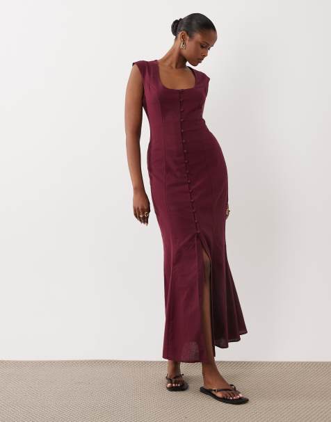 ASOS DESIGN square neck button down midi sundress in burgundy  - view 1