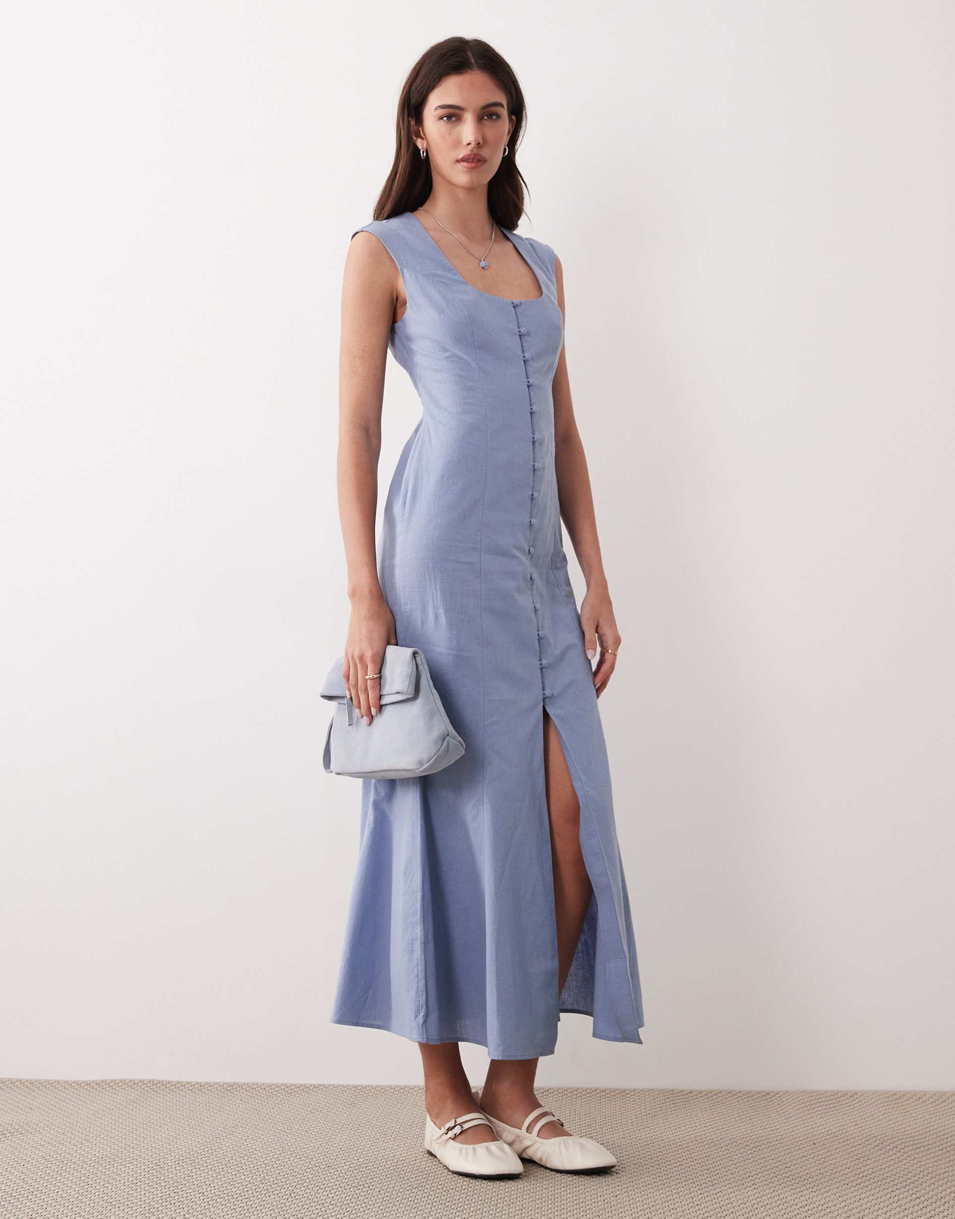 asos design square neck button down midi sundress in denim blue