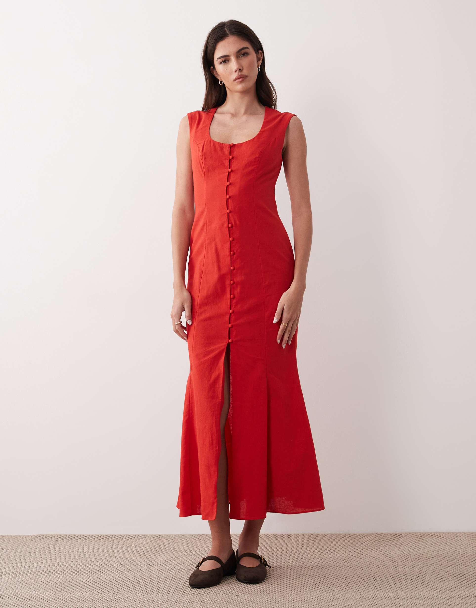 asos design square neck button down midi sundress in poppy red