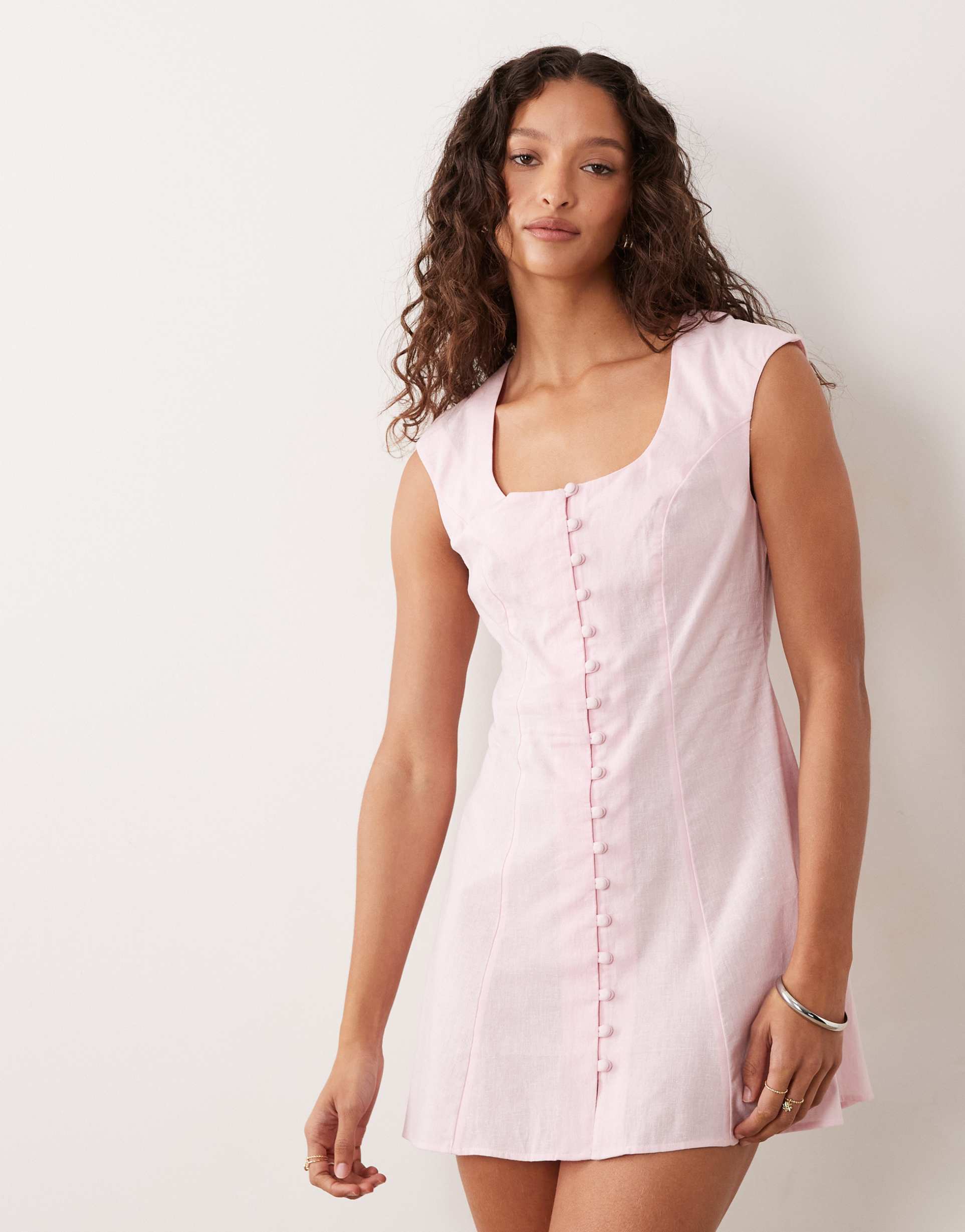 asos design square neck button down midi sundress in sugary pink