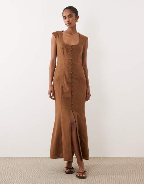 ASOS DESIGN square neck button down midi sundress in warm chocolate - BROWN - view 1