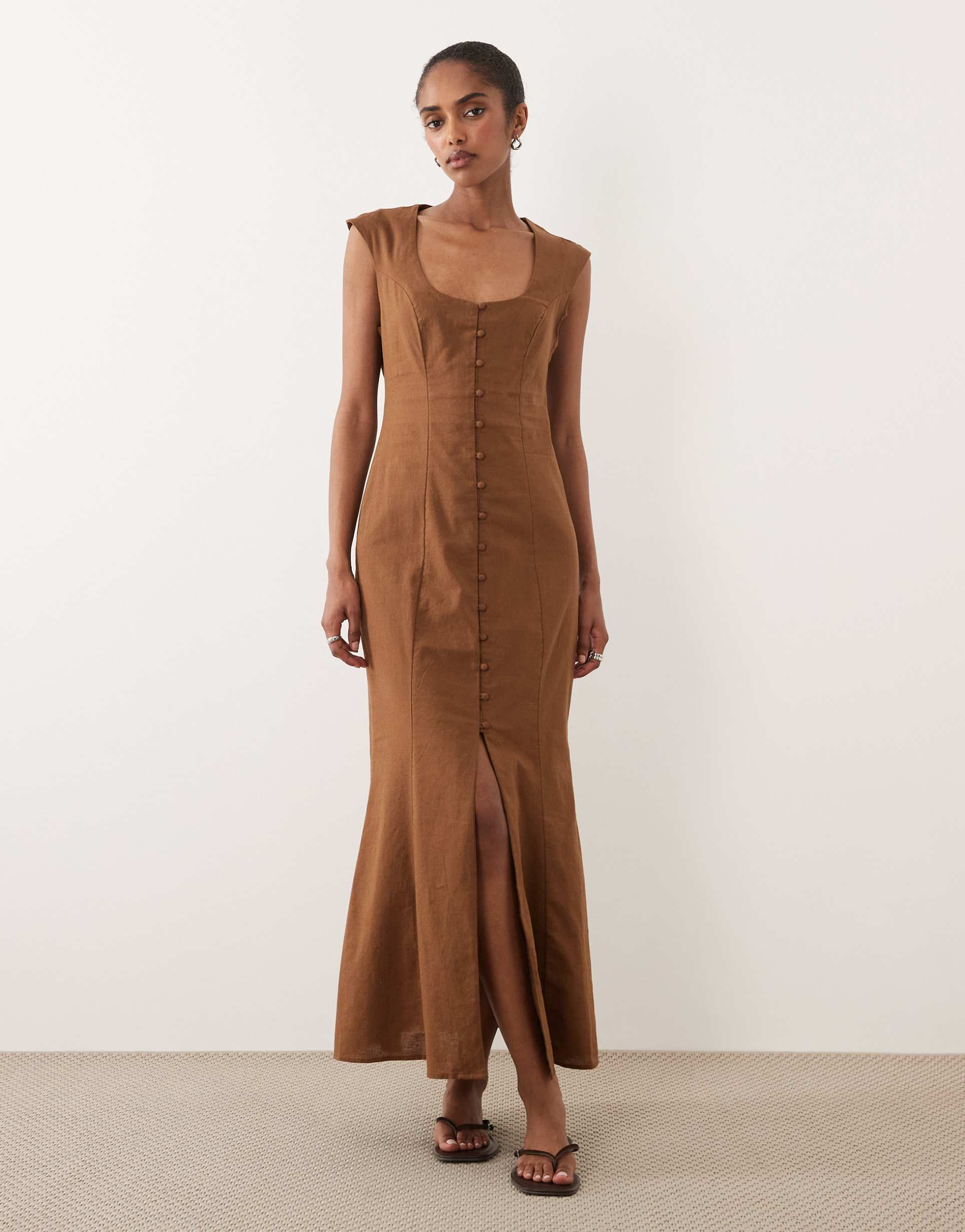 asos design square neck button down midi sundress in warm chocolate