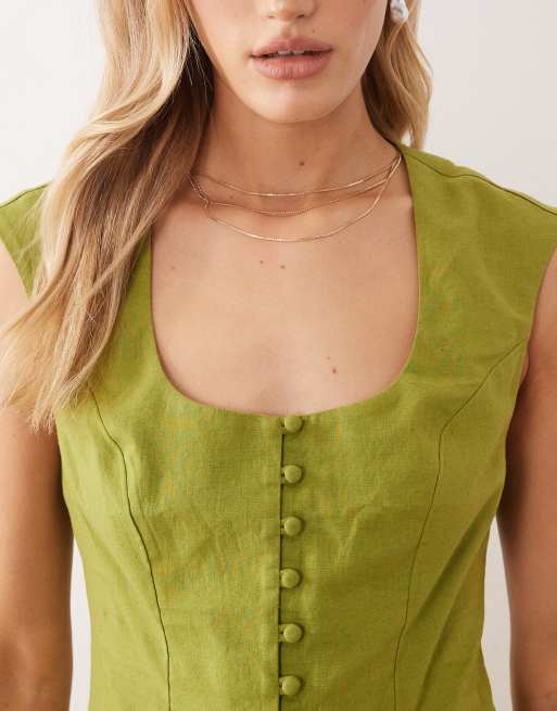 ASOS DESIGN square neck button down mini sundress in dark lime , 2 of 4