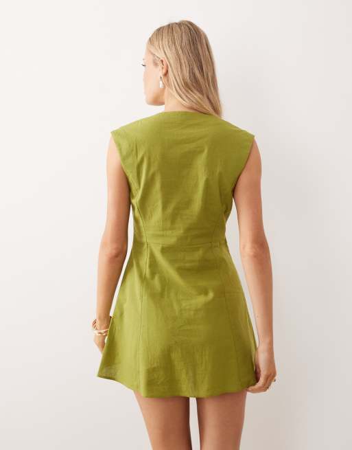 ASOS DESIGN square neck button down mini sundress in dark lime , 3 of 4