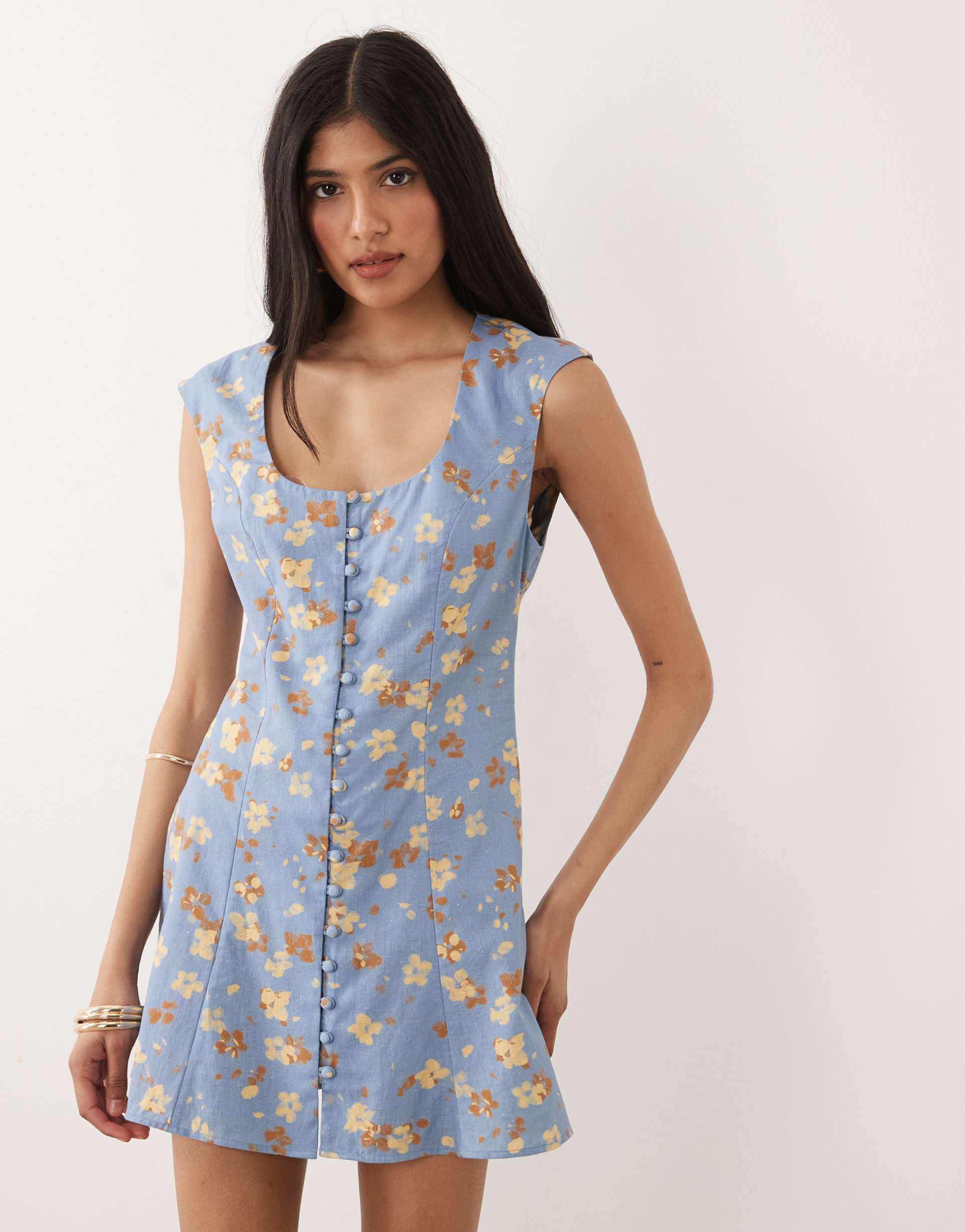 asos design square neck button down mini sundress in dusky blue floral