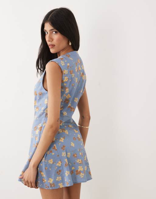 ASOS DESIGN square neck button down mini sundress in dusky blue floral, 4 of 4