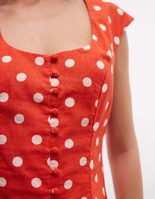 ASOS DESIGN square neck button down mini sundress in red polka dot , 3 of 4