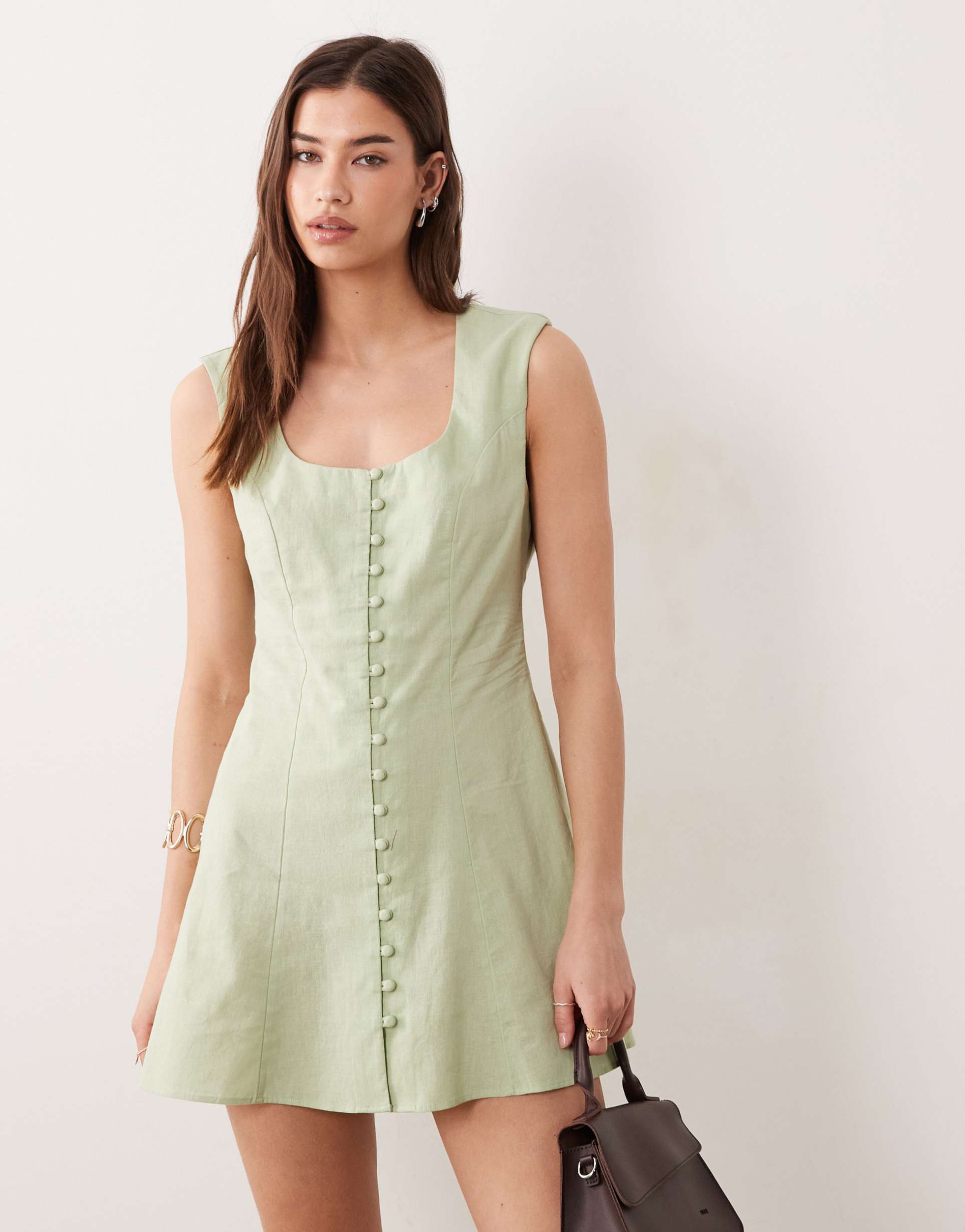 asos design square neck button down mini sundress in sage